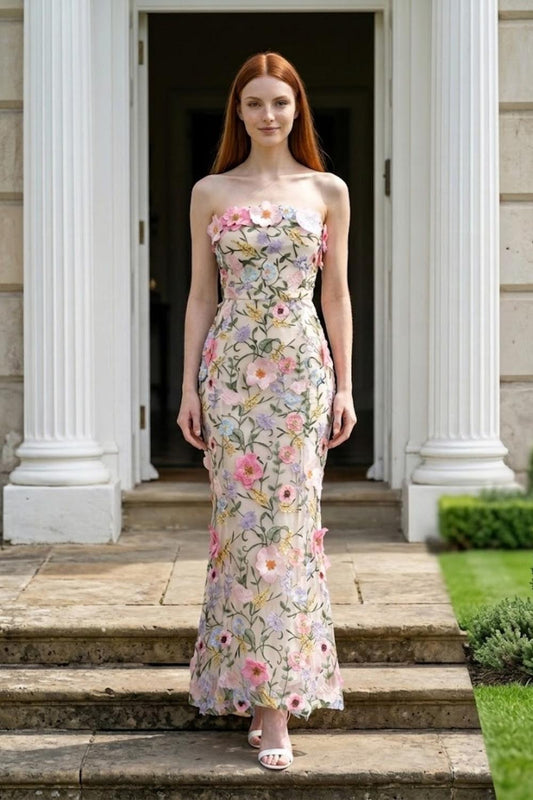 Floral 3D Sheath Strapless Long Prom Dress with Appliques