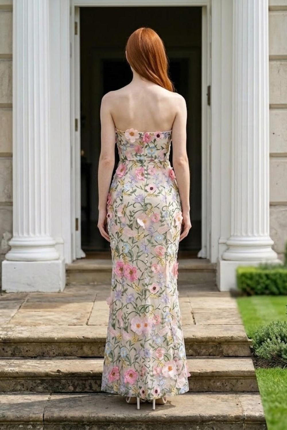 Floral 3D Sheath Strapless Long Prom Dress with Appliques