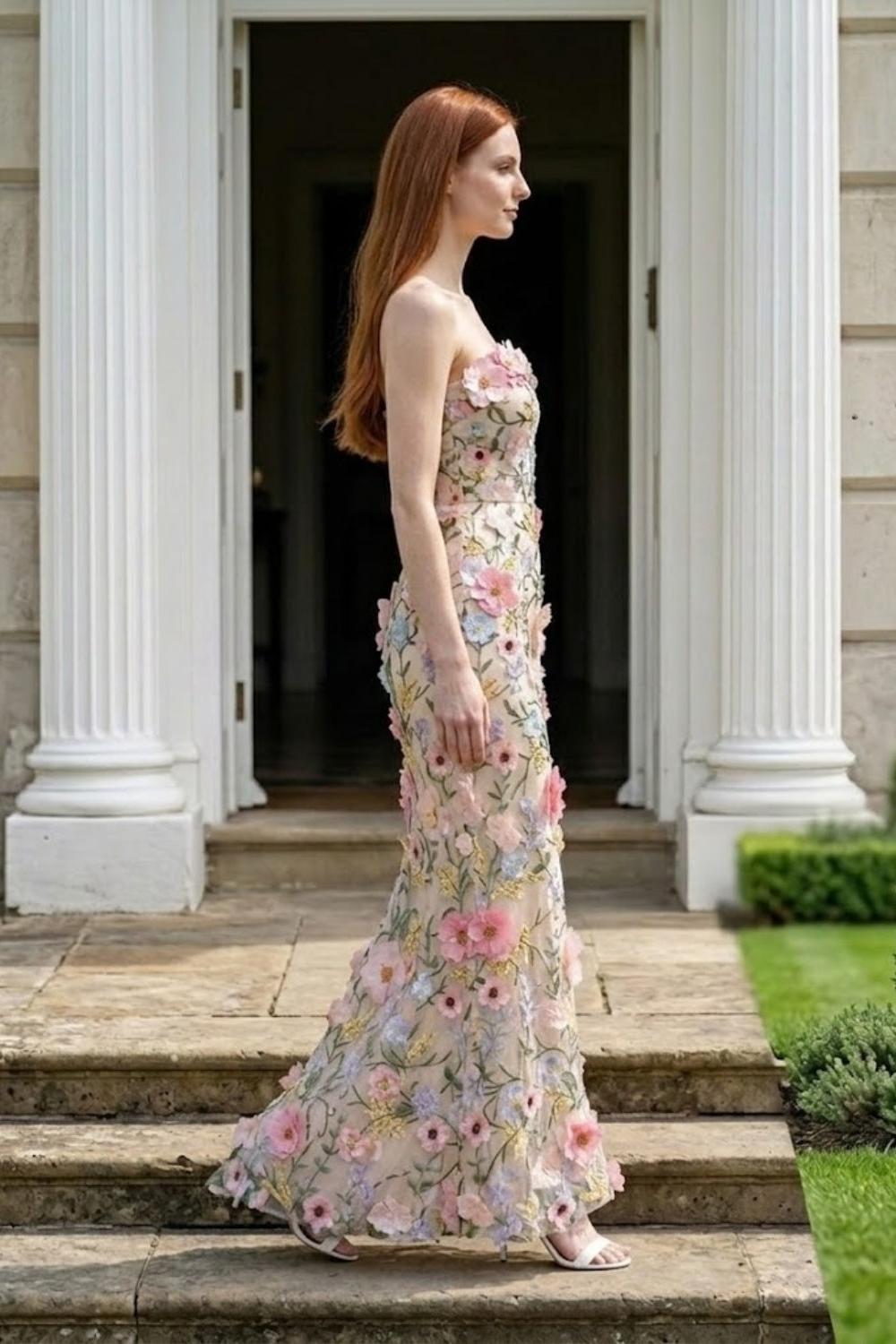 Floral 3D Sheath Strapless Long Prom Dress with Appliques