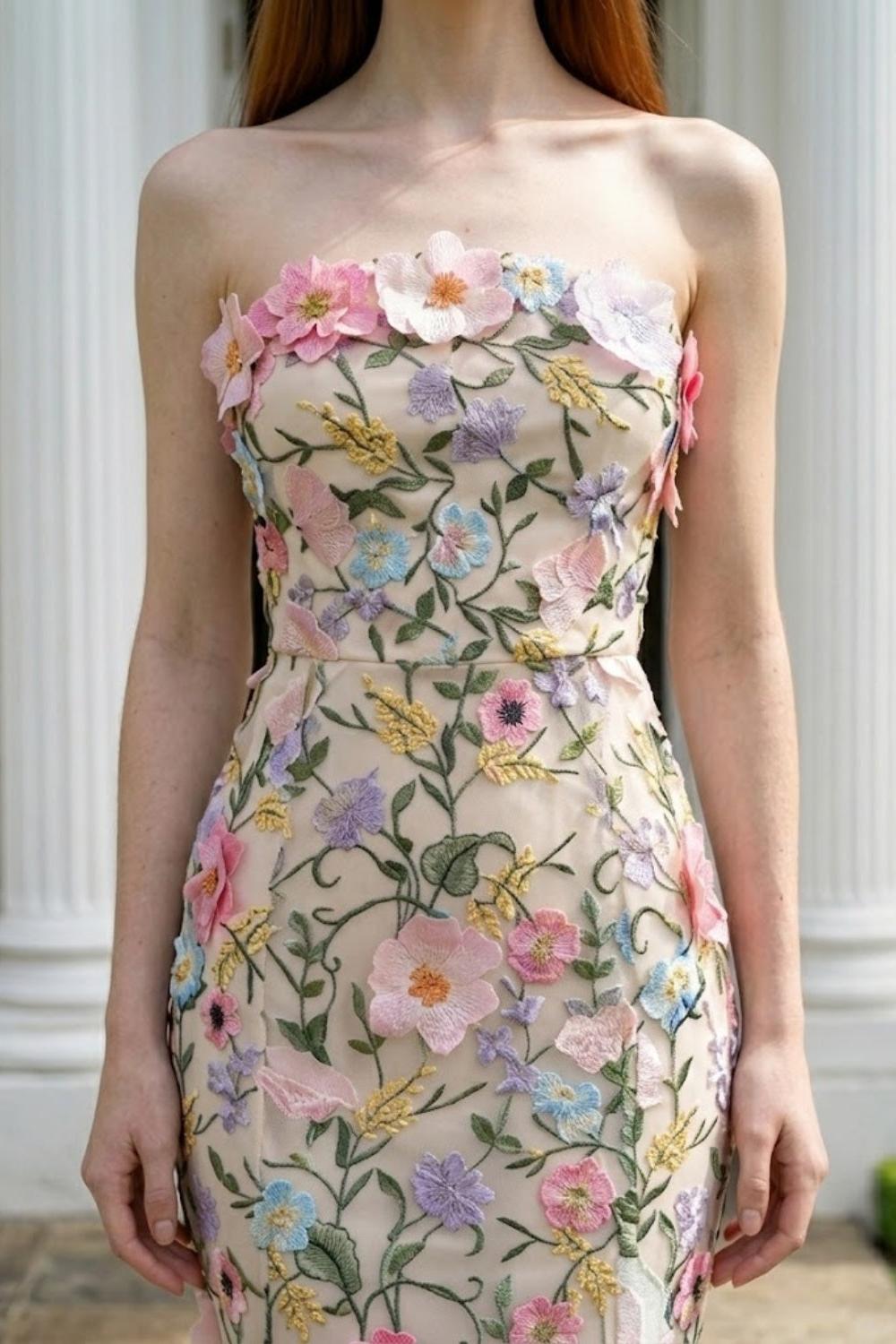 Floral 3D Sheath Strapless Long Prom Dress with Appliques