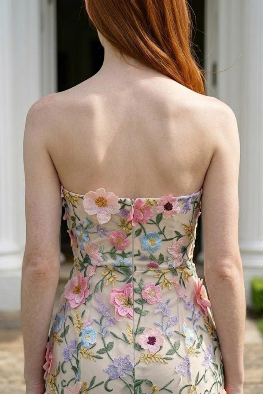 Floral 3D Sheath Strapless Long Prom Dress with Appliques