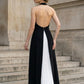 Black and White A Line Halter Long Prom Dress with Pleats