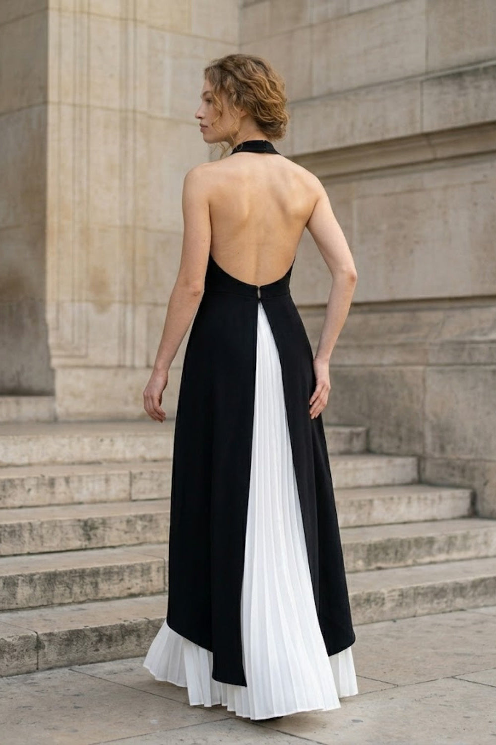 Black and White A Line Halter Long Prom Dress with Pleats
