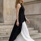 Black and White A Line Halter Long Prom Dress with Pleats