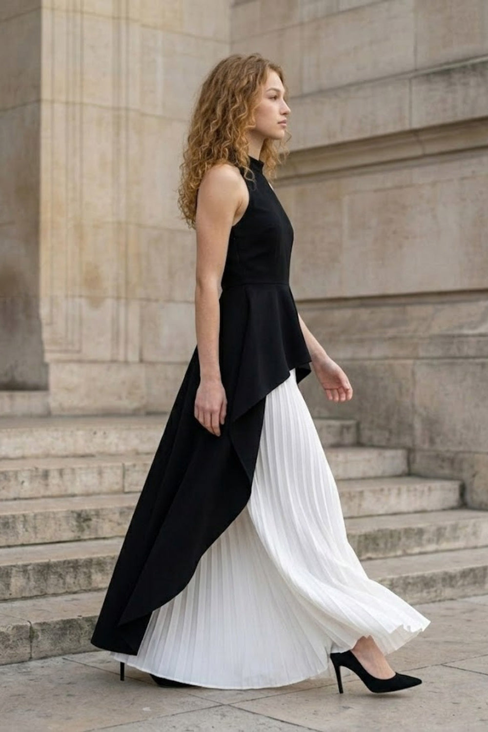 Black and White A Line Halter Long Prom Dress with Pleats