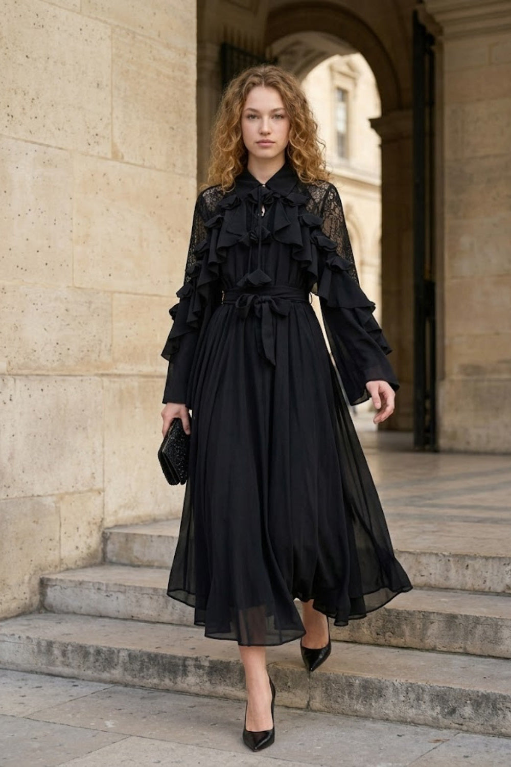 Black A Line Peter Pan Collar Midi Formal Dress with Ruffles