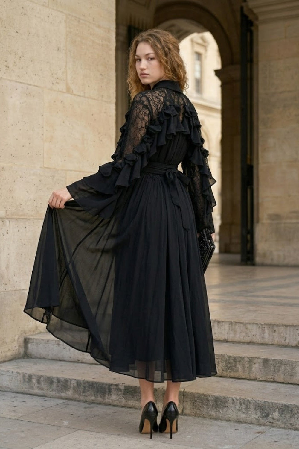 Black A Line Peter Pan Collar Midi Formal Dress with Ruffles