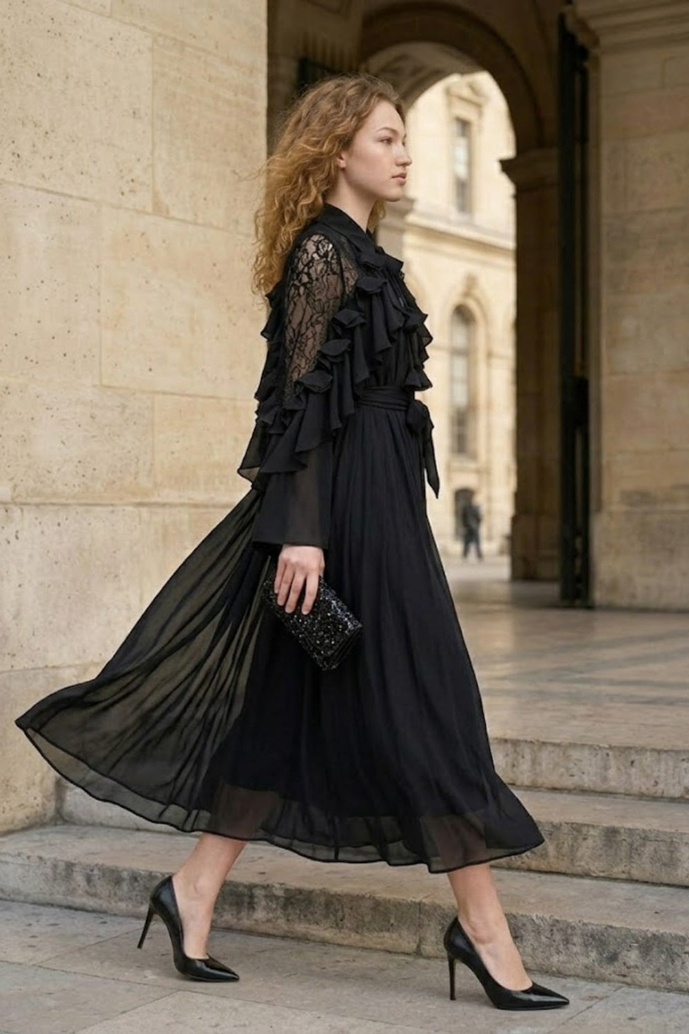Black A Line Peter Pan Collar Midi Formal Dress with Ruffles
