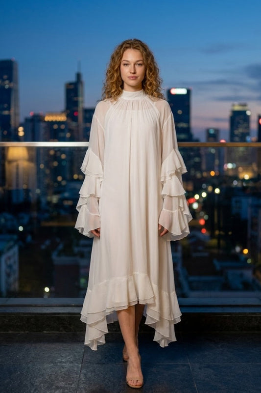 White A Line High Neck Midi Prom Dress with Ruffles