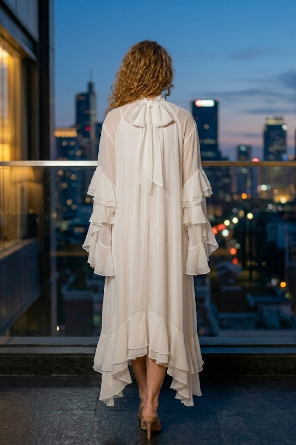 White A Line High Neck Midi Prom Dress with Ruffles