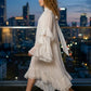 White A Line High Neck Midi Prom Dress with Ruffles