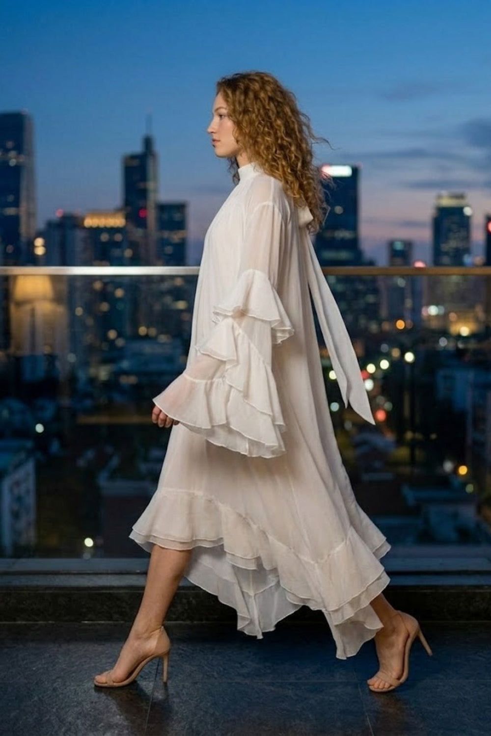 White A Line High Neck Midi Prom Dress with Ruffles
