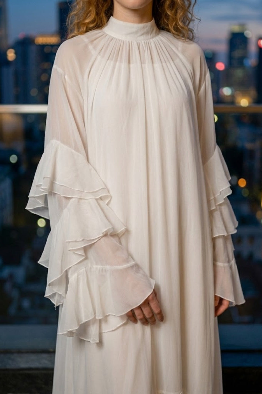 White A Line High Neck Midi Prom Dress with Ruffles
