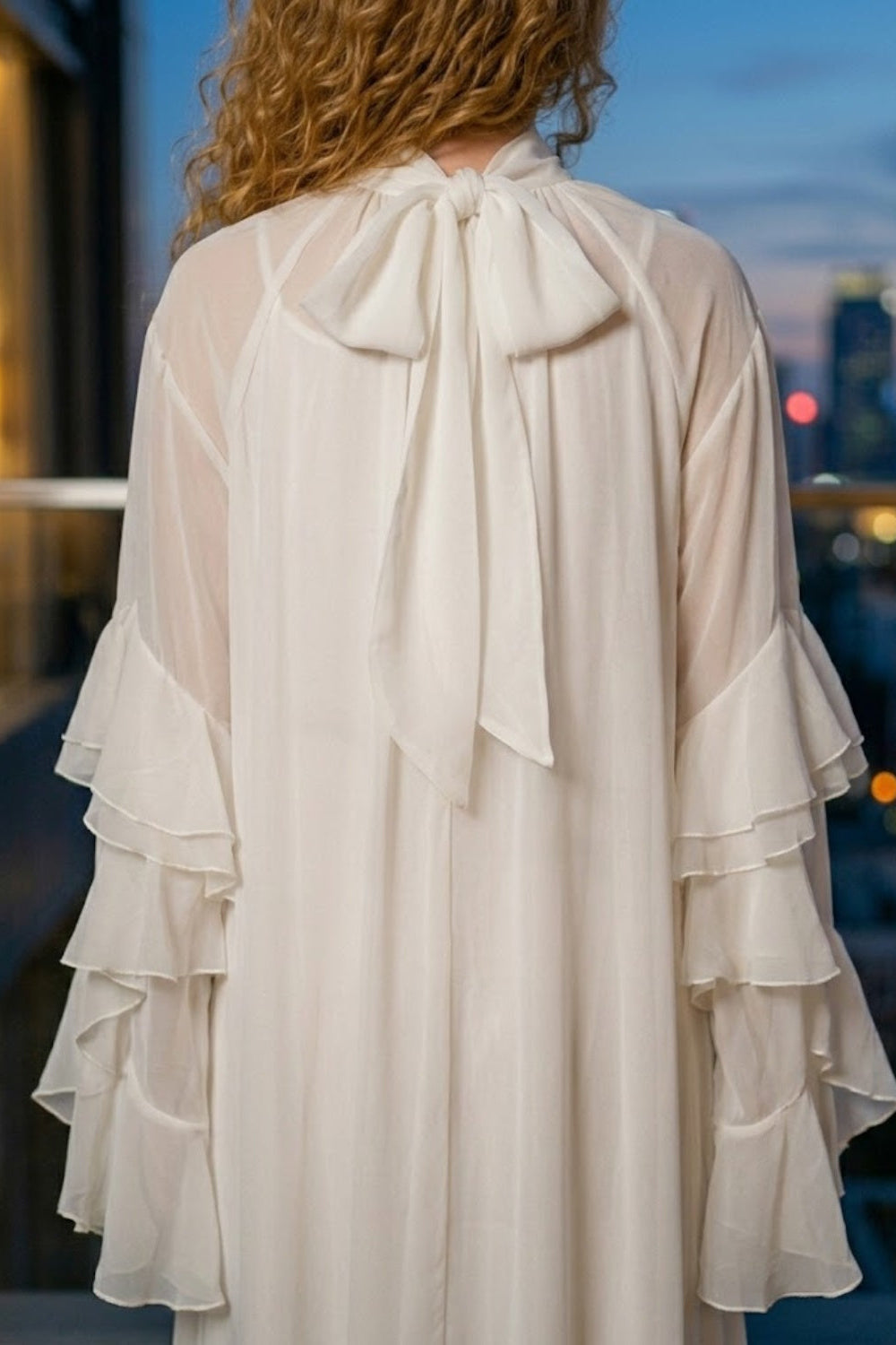 White A Line High Neck Midi Prom Dress with Ruffles