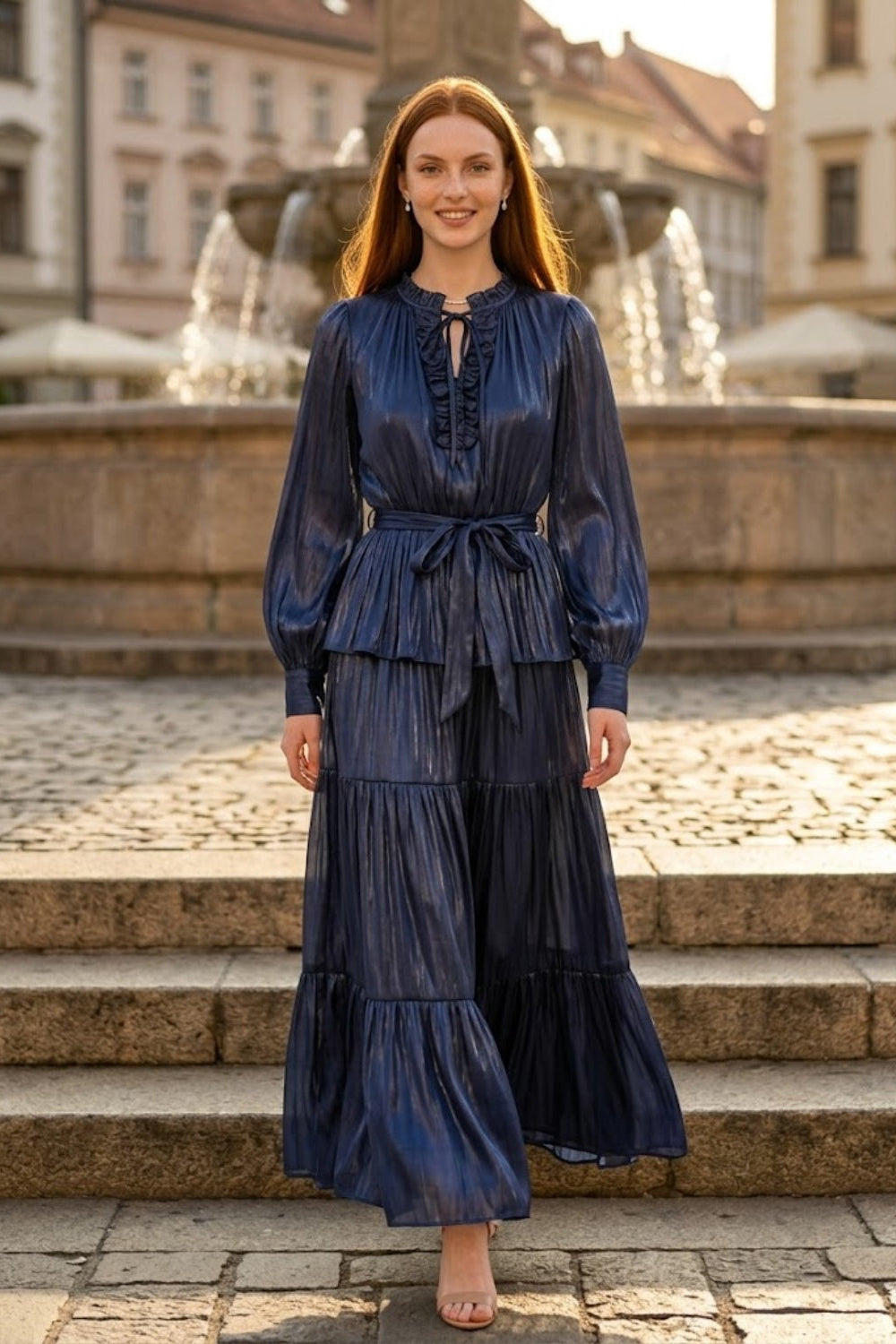 Sequin Navy Blue A Line Round Neck Long Formal Dress with Belt