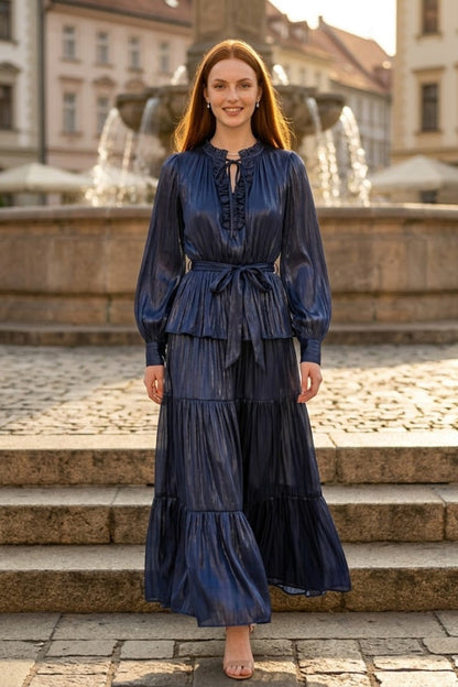 Sequin Navy Blue A Line Round Neck Long Formal Dress with Belt