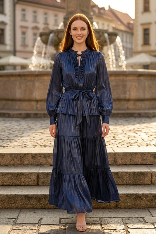 Sequin Navy Blue A Line Round Neck Long Formal Dress with Belt