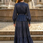 Sequin Navy Blue A Line Round Neck Long Formal Dress with Belt