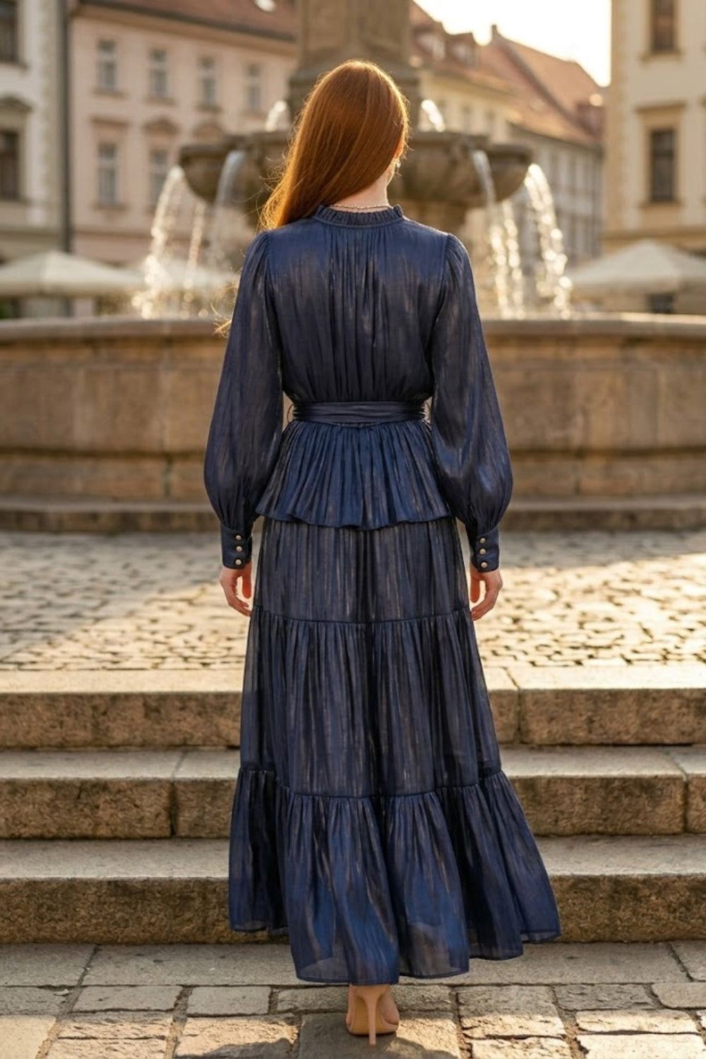 Sequin Navy Blue A Line Round Neck Long Formal Dress with Belt