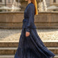 Sequin Navy Blue A Line Round Neck Long Formal Dress with Belt