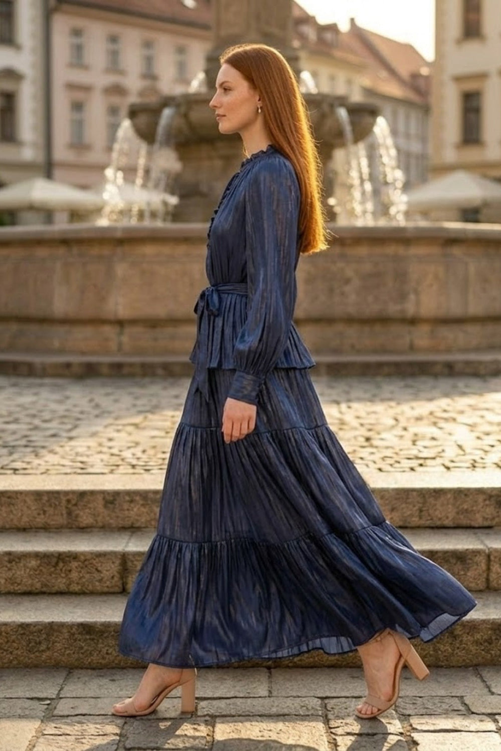 Sequin Navy Blue A Line Round Neck Long Formal Dress with Belt