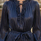 Sequin Navy Blue A Line Round Neck Long Formal Dress with Belt