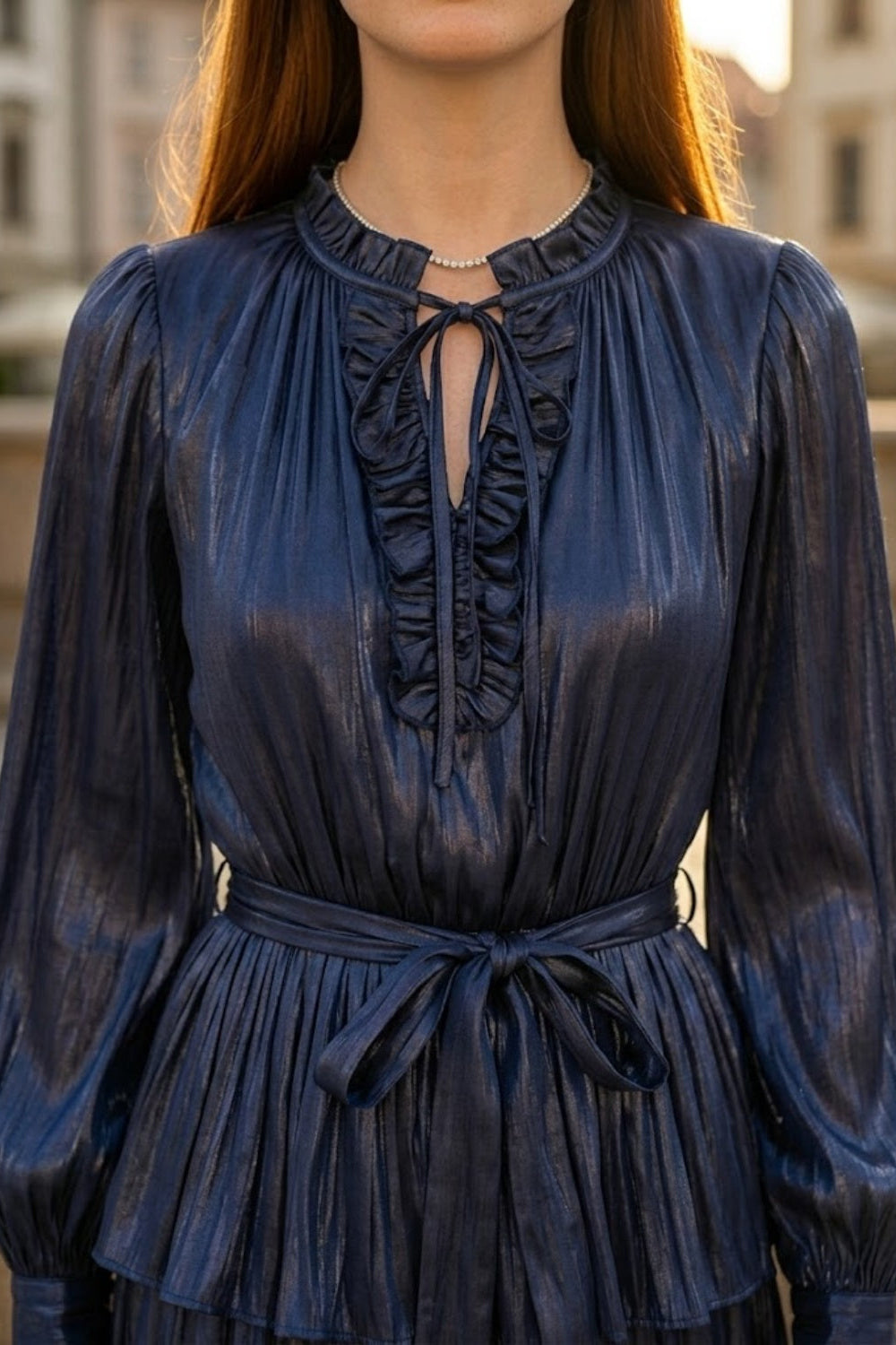 Sequin Navy Blue A Line Round Neck Long Formal Dress with Belt