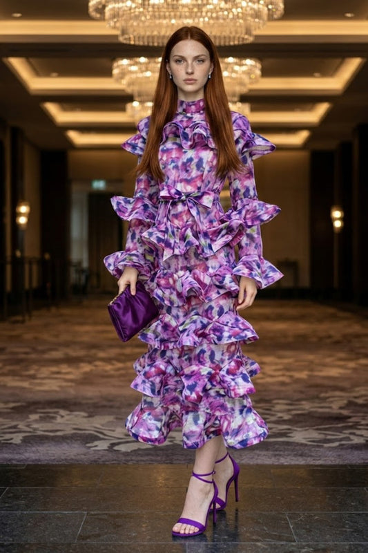 Purple Sheath High Neck Long Prom Dress with Ruffles