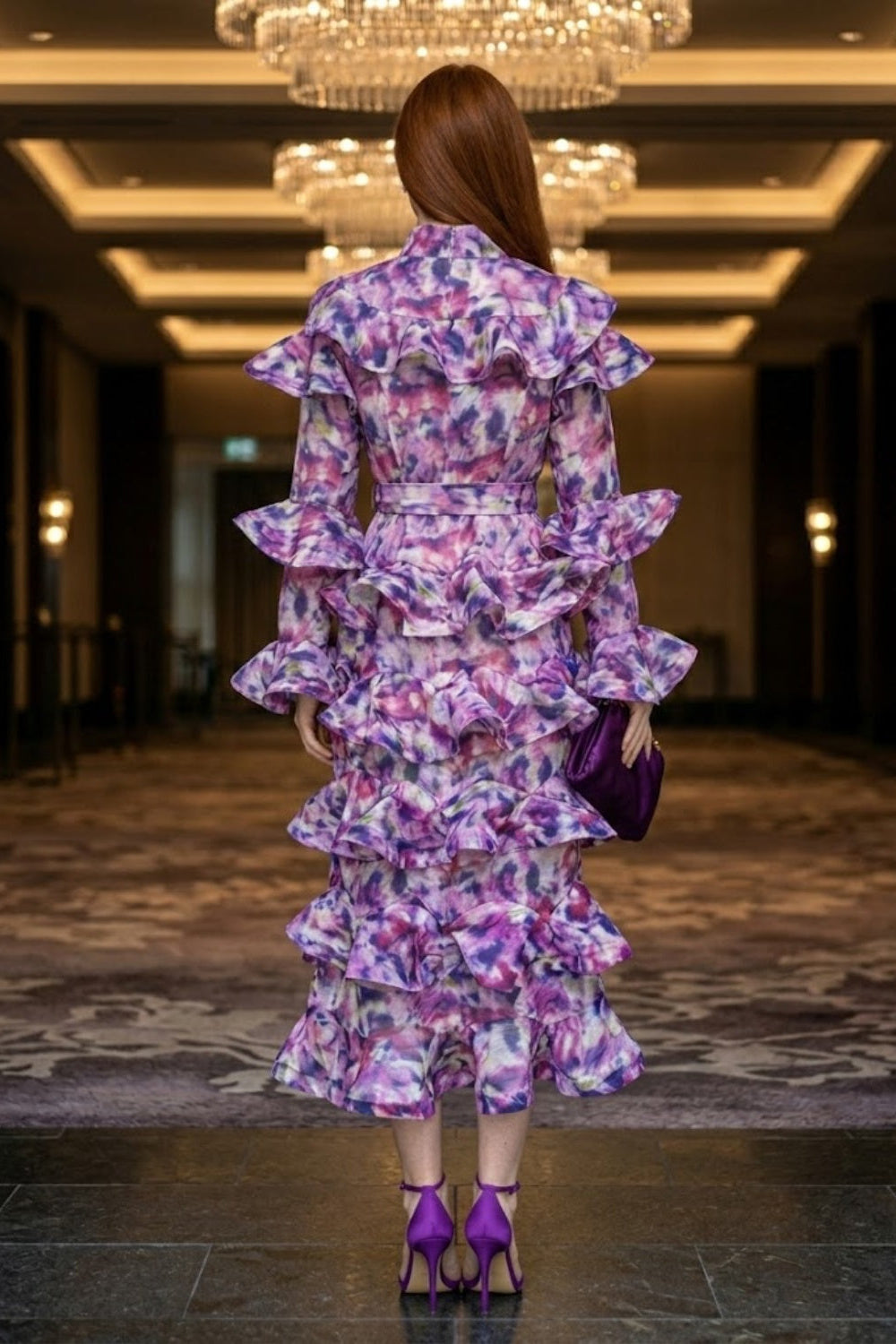 Purple Sheath High Neck Long Prom Dress with Ruffles