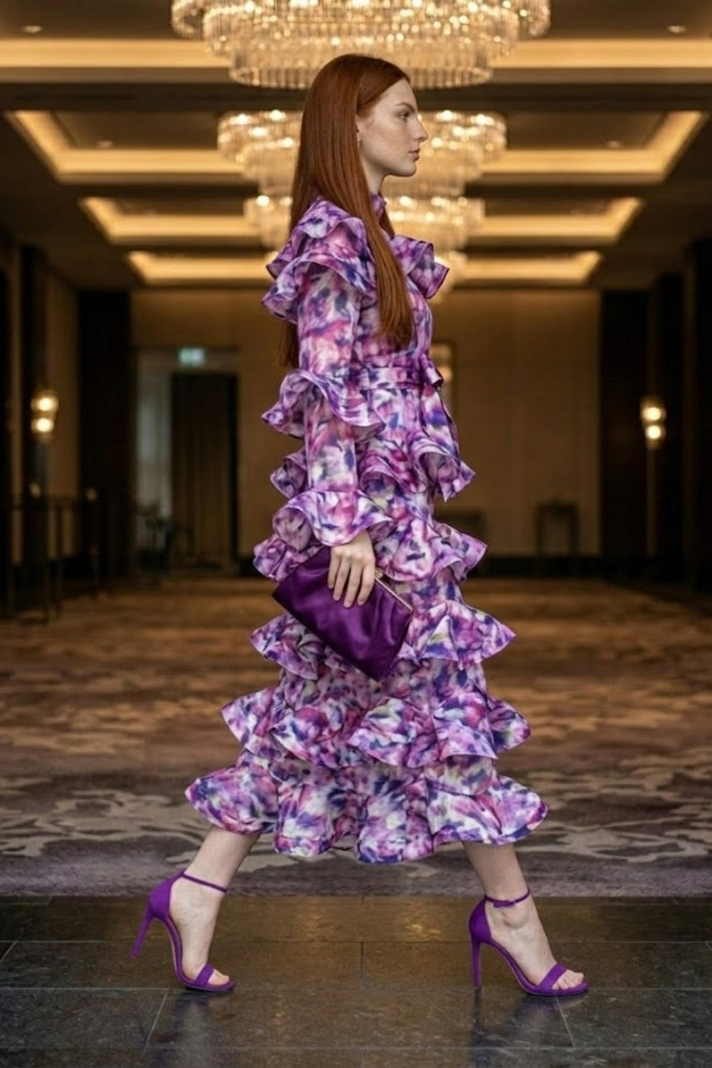 Purple Sheath High Neck Long Prom Dress with Ruffles