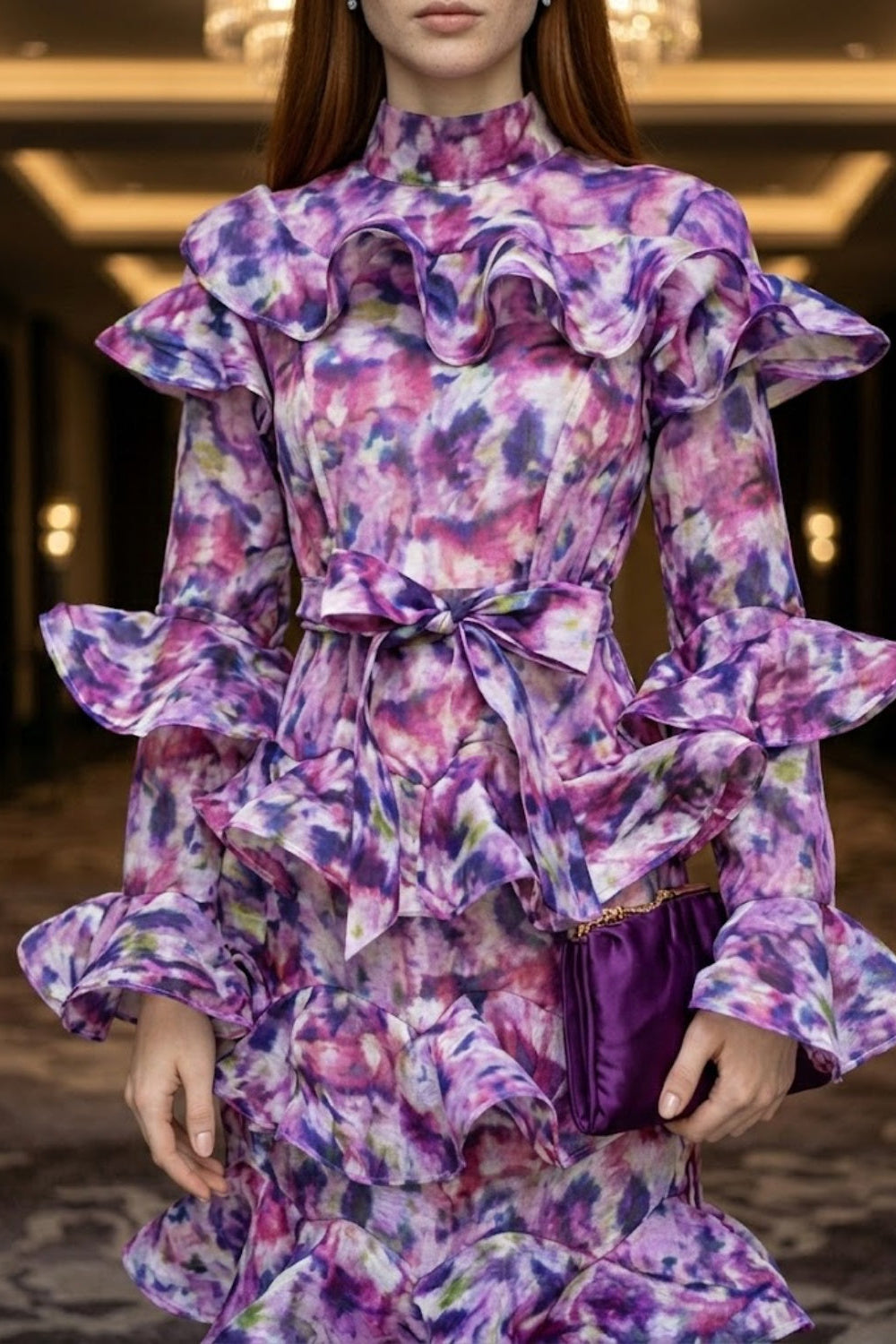Purple Sheath High Neck Long Prom Dress with Ruffles