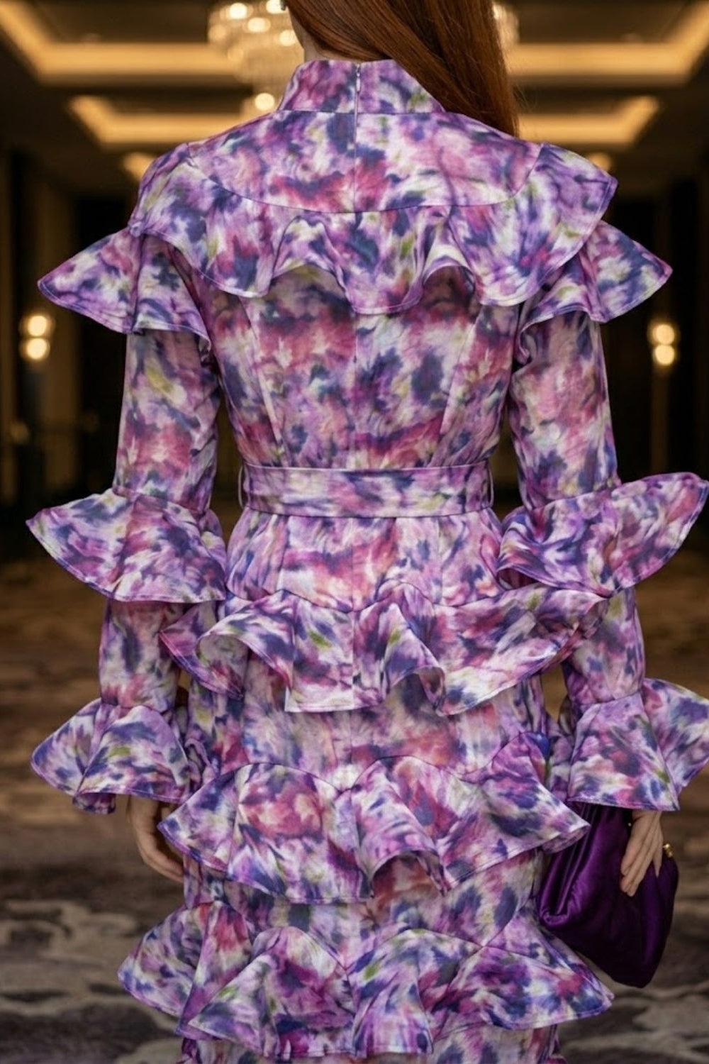 Purple Sheath High Neck Long Prom Dress with Ruffles