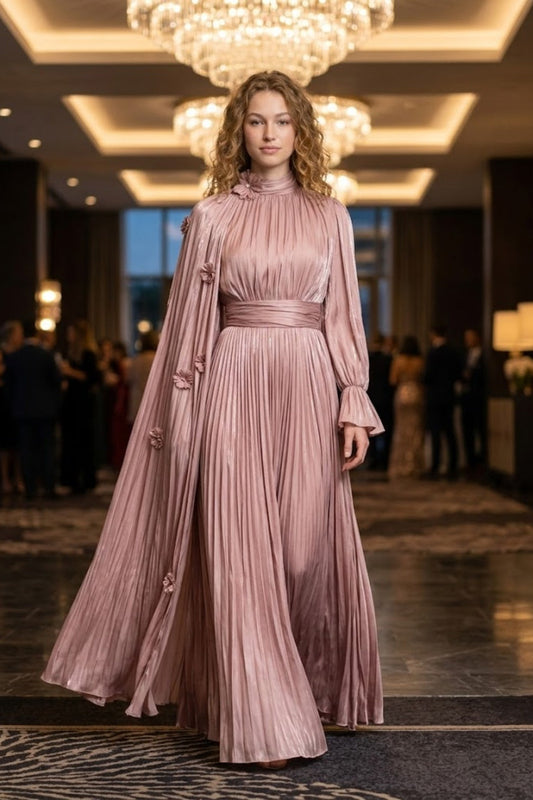 Sequin A Line Dusty Pink High Neck Prom Dress with 3D Flowers