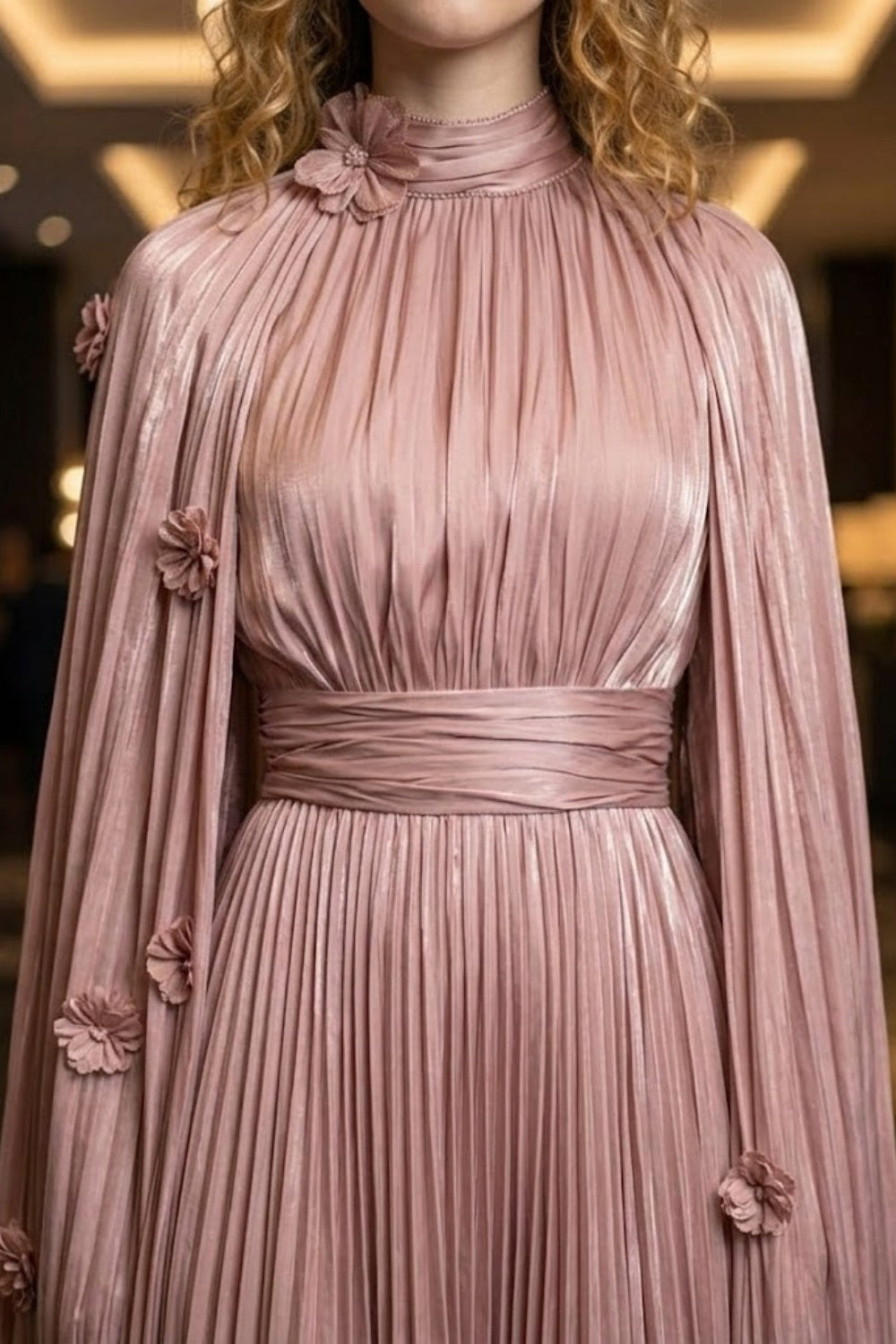 Sequin A Line Dusty Pink High Neck Prom Dress with 3D Flowers