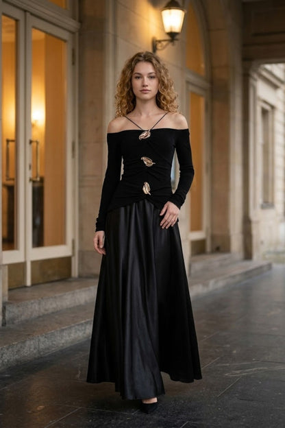 Black A Line Spaghetti Straps Long Formal Dress