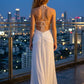 White Sheath Cowl Long Prom Dress with Slit