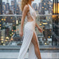 White Sheath Cowl Long Prom Dress with Slit