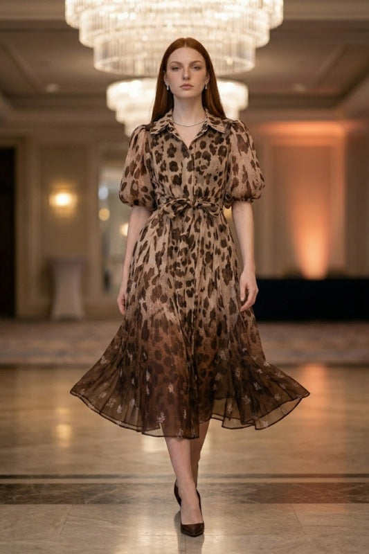 Brown Leopard A Line V Neck Midi Prom Dress With Belt