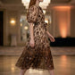 Brown Leopard A Line V Neck Midi Prom Dress With Belt