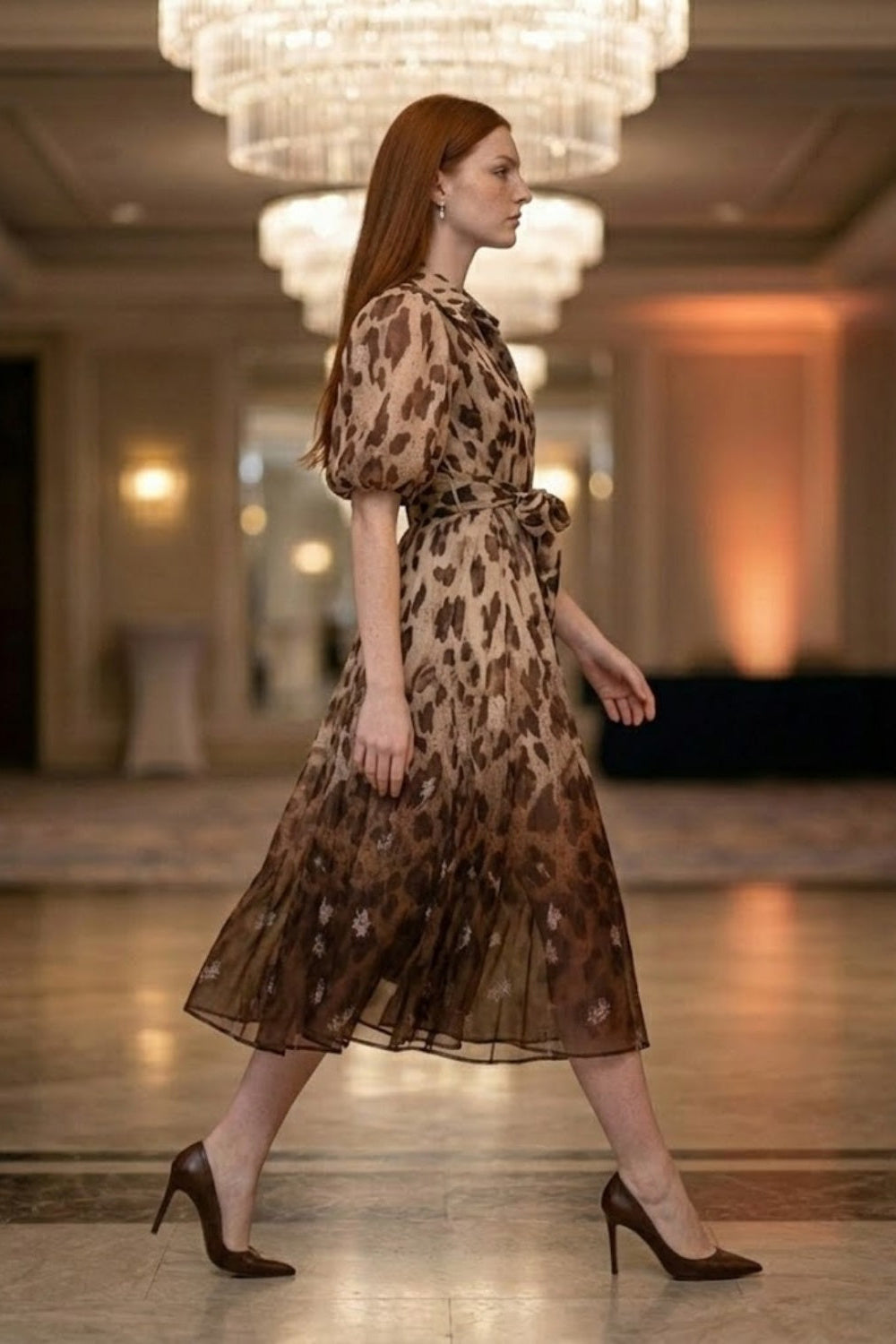 Brown Leopard A Line V Neck Midi Prom Dress With Belt