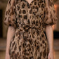 Brown Leopard A Line V Neck Midi Prom Dress With Belt