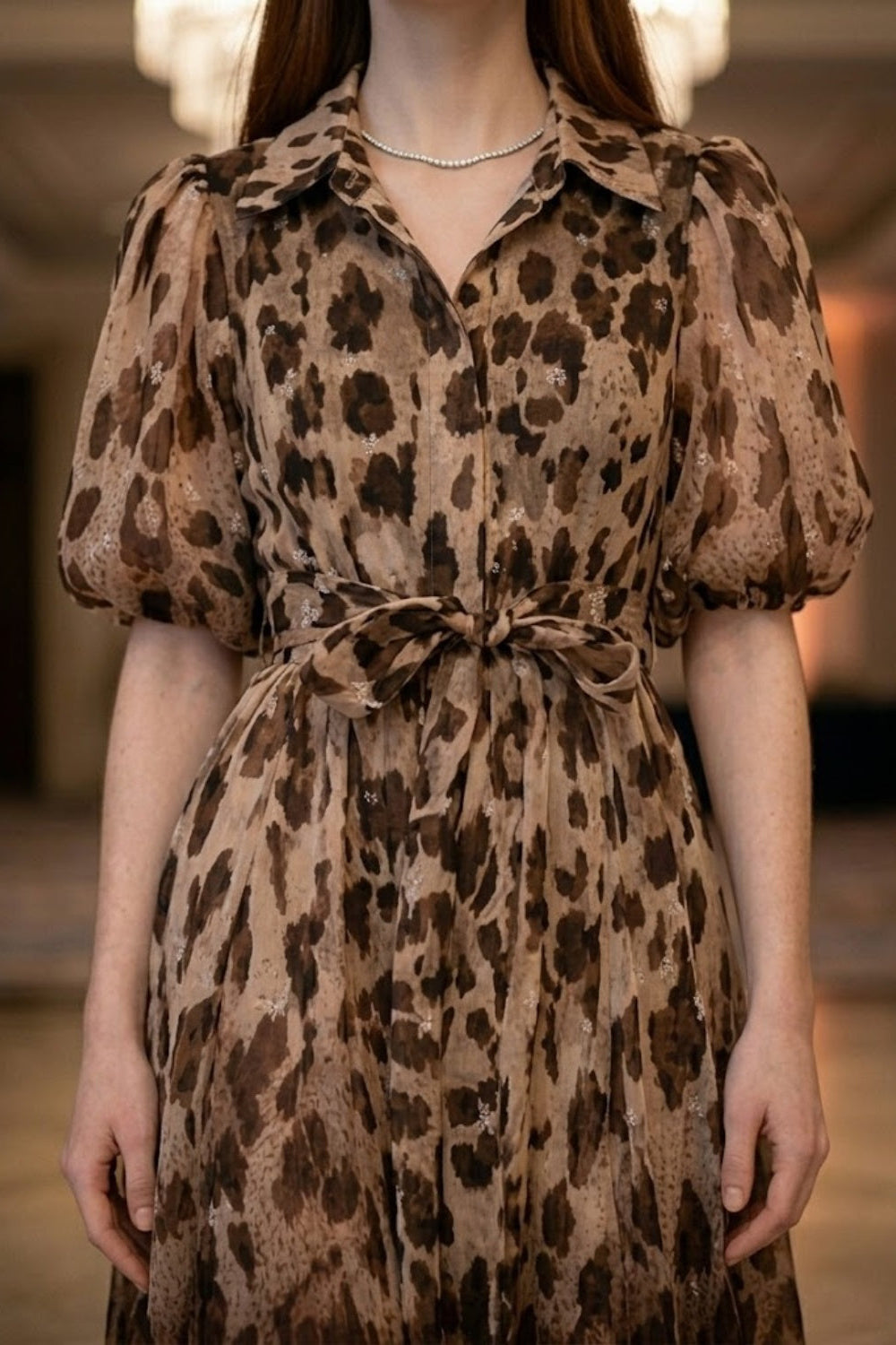 Brown Leopard A Line V Neck Midi Prom Dress With Belt