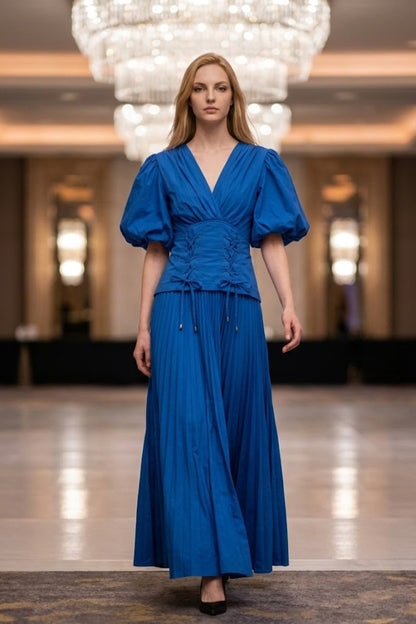 Corset Royal Blue A Line V Neck Long Formal Dress