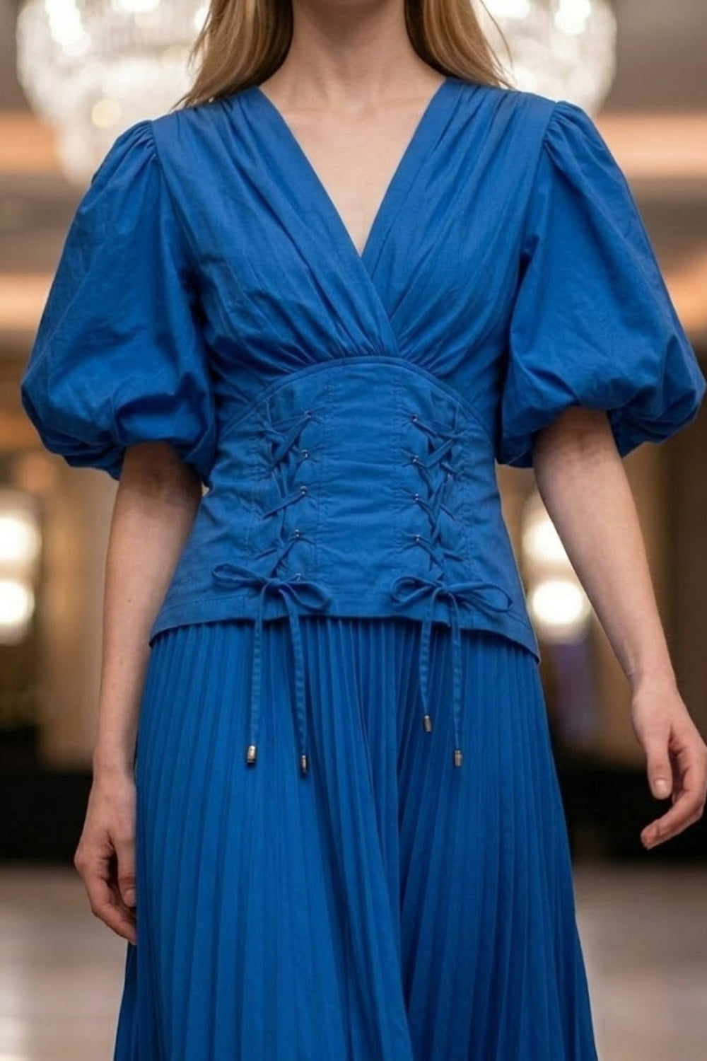 Corset Royal Blue A Line V Neck Long Formal Dress