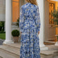 Blue Floral A Line Round Neck Long Prom Dress with Belt