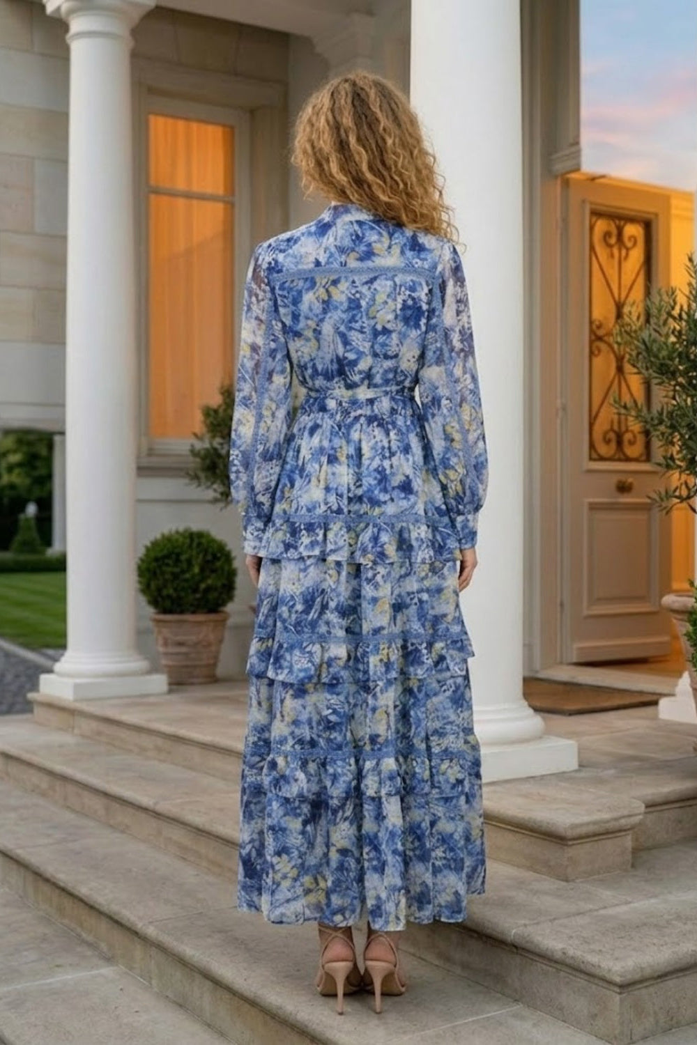 Blue Floral A Line Round Neck Long Prom Dress with Belt