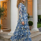 Blue Floral A Line Round Neck Long Prom Dress with Belt