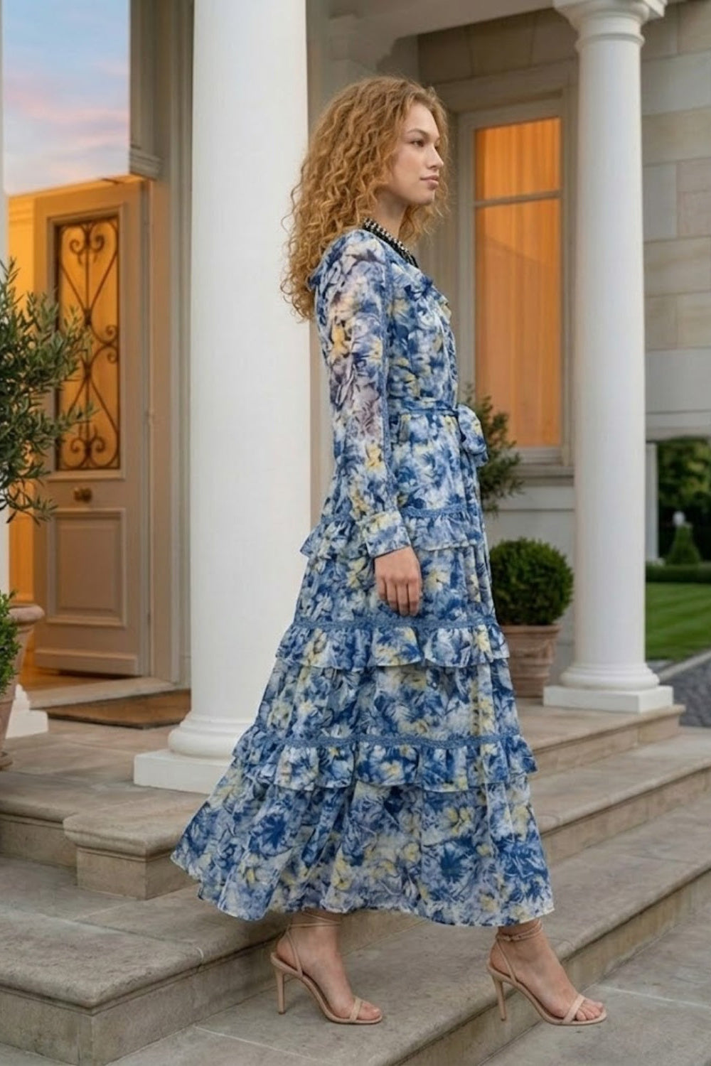 Blue Floral A Line Round Neck Long Prom Dress with Belt