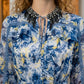 Blue Floral A Line Round Neck Long Prom Dress with Belt
