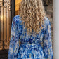 Blue Floral A Line Round Neck Long Prom Dress with Belt